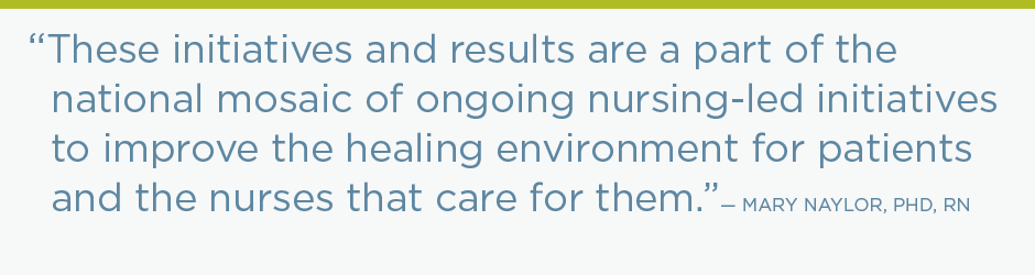 These initiatives and results are a part of the national mosaic of ongoing nursing-led initiatives to improve the healing environment for patients and the nurses that care for them.